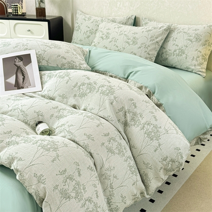 91家纺网 家纺一手货源 找家纺 灰鲸2025新款A类全棉三层纱色织提花系列四件套 初春-绿