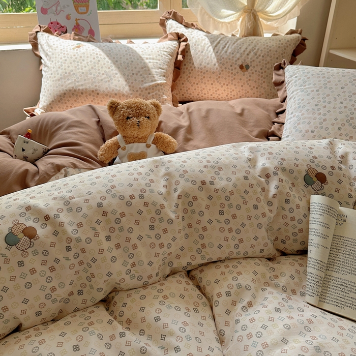 91家纺网 家纺一手货源 找家纺 韩巢家纺 2025新款针织双层纱花边款被套直播热销款四件套学生宿舍床单三件套-（提供卖家秀）四叶草