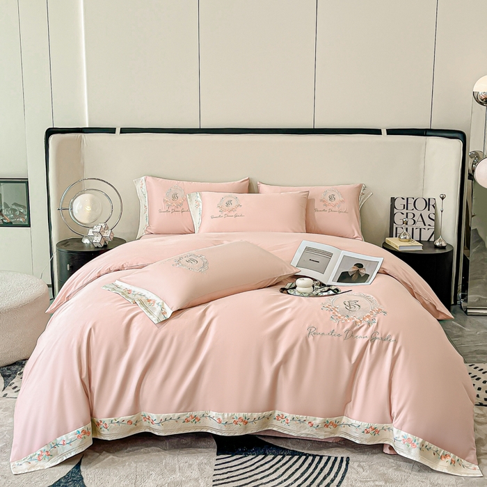 91家纺网 家纺一手货源 找家纺 桃园 2025新款纯棉全棉长绒棉刺绣绣花四件套（高端礼盒）-叶语 叶语-轻奢粉