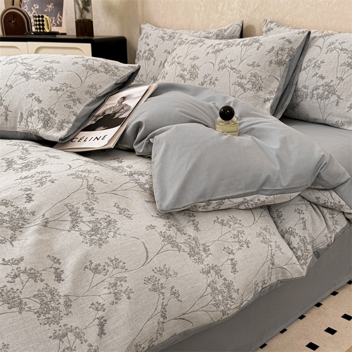 91家纺网 家纺一手货源 找家纺 灰鲸2025新款A类全棉三层纱色织提花系列四件套 初春-灰