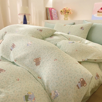 91家纺网 家纺一手货源 找家纺 DoDo 兜兜 2025新款全棉纯棉小温暖双层纱四件套【可定做尺寸】 幸福小象-绿