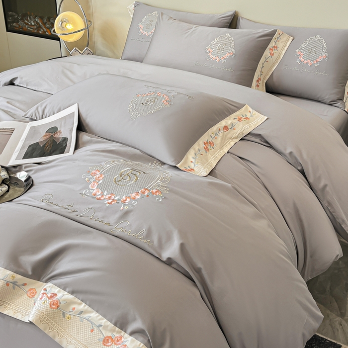 91家纺网 家纺一手货源 找家纺 桃园 2025新款纯棉全棉长绒棉刺绣绣花四件套（高端礼盒）-叶语 叶语-绅士灰