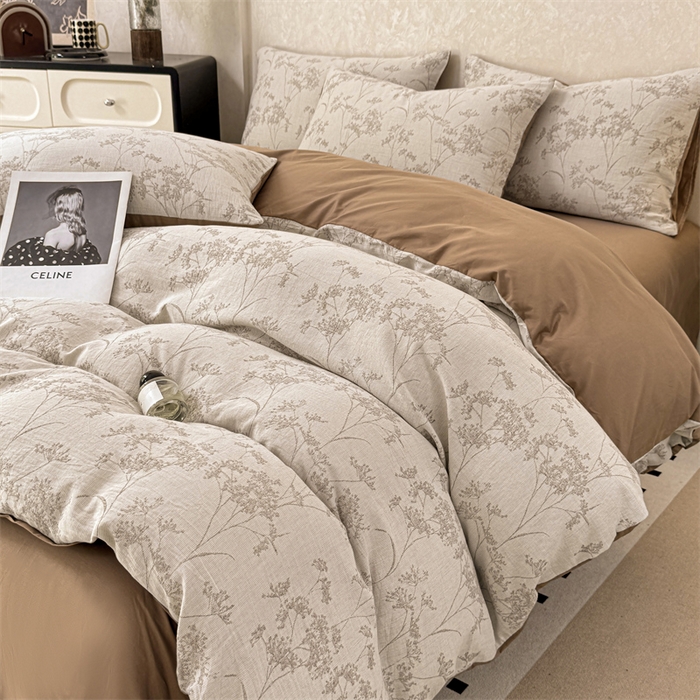 91家纺网 家纺一手货源 找家纺 灰鲸2025新款A类全棉三层纱色织提花系列四件套 初春-咖