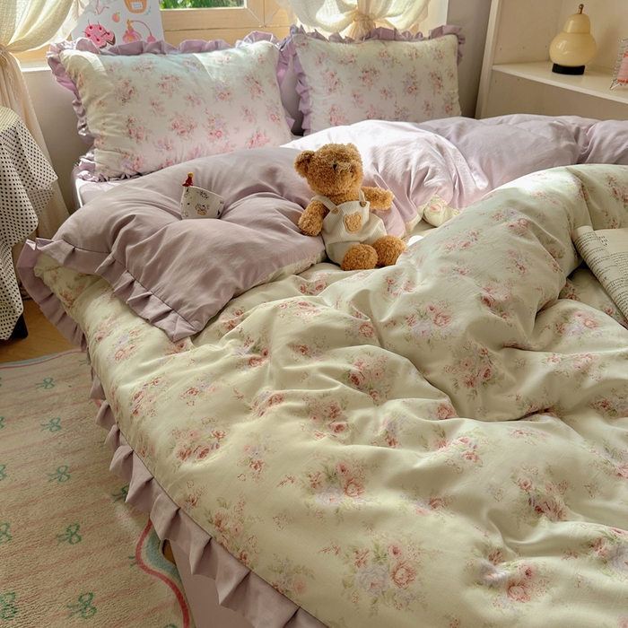 91家纺网 家纺一手货源 找家纺 韩巢家纺 2025新款针织双层纱花边款被套直播热销款四件套学生宿舍床单三件套-（提供卖家秀）悠然绿