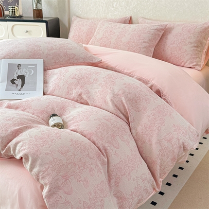 灰鲸2025新款A类全棉三层纱色织提花系列四件套 蝶飞-粉