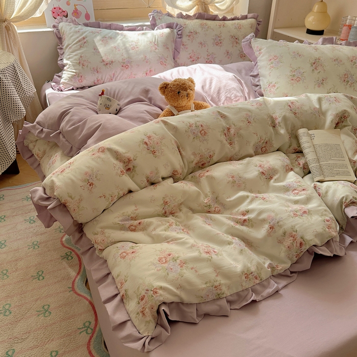 91家纺网 家纺一手货源 找家纺 韩巢家纺 2025新款针织双层纱花边款被套直播热销款四件套学生宿舍床单三件套-（提供卖家秀）悠然绿