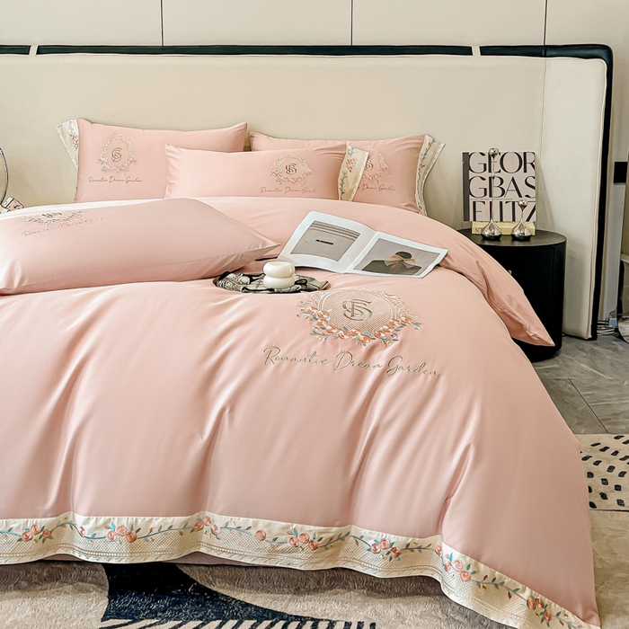 91家纺网 家纺一手货源 找家纺 桃园 2025新款纯棉全棉长绒棉刺绣绣花四件套（高端礼盒）-叶语 叶语-轻奢粉