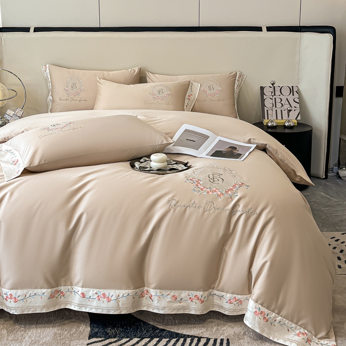 91家纺网 家纺一手货源 找家纺 桃园 2025新款纯棉全棉长绒棉刺绣绣花四件套（高端礼盒）-叶语 叶语-香槟金