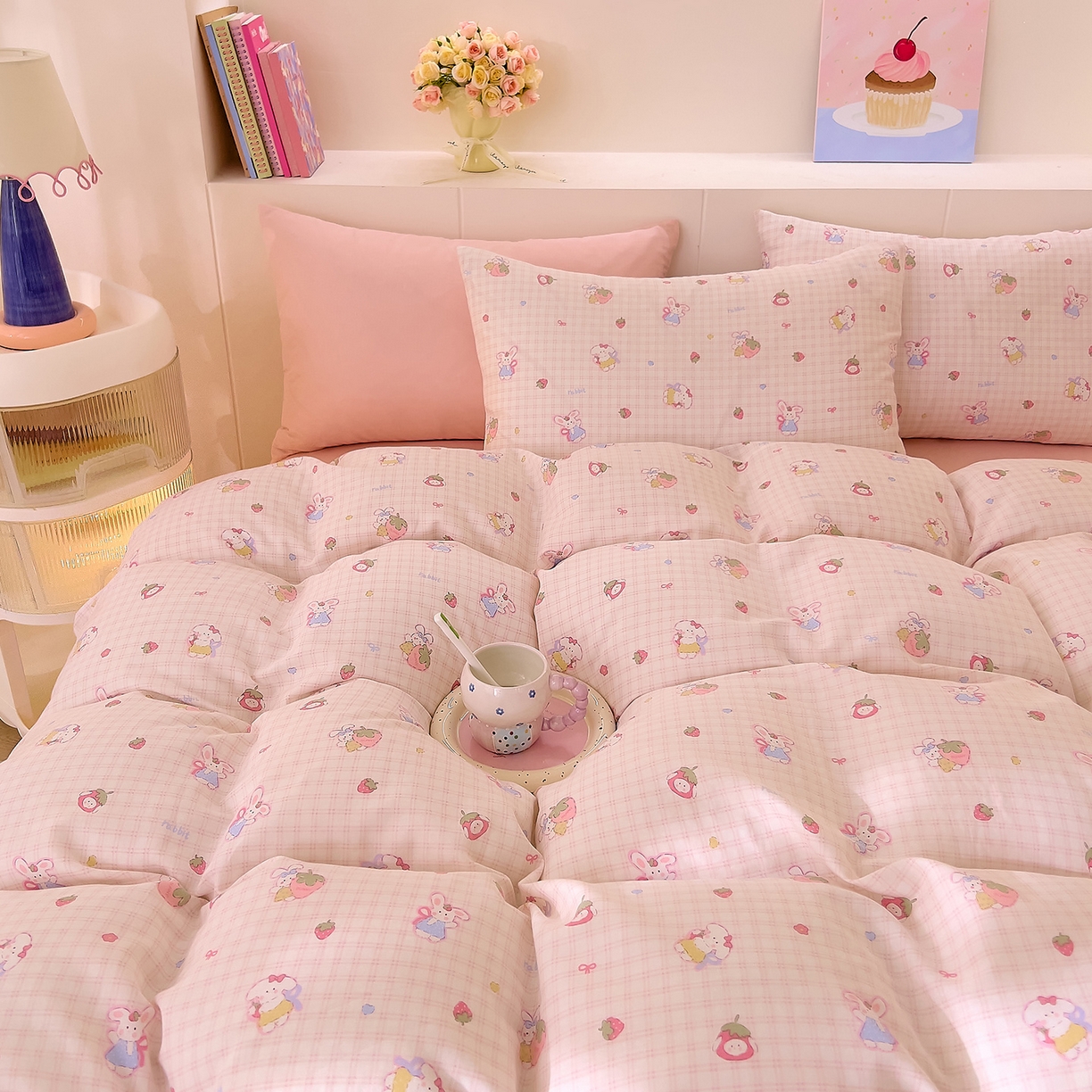 91家纺网 家纺一手货源 找家纺 DoDo 兜兜 2025新款全棉纯棉小温暖双层纱四件套【可定做尺寸】 格子兔