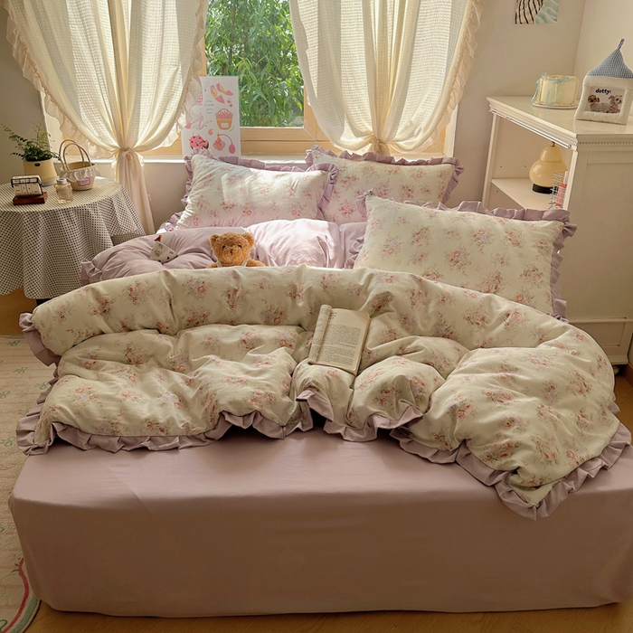 91家纺网 家纺一手货源 找家纺 韩巢家纺 2025新款针织双层纱花边款被套直播热销款四件套学生宿舍床单三件套-（提供卖家秀）悠然绿