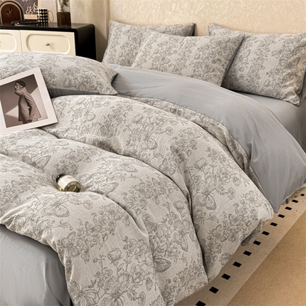 灰鲸2025新款A类全棉三层纱色织提花系列四件套 蝶飞-灰