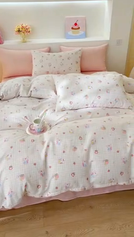 91家纺网 家纺一手货源 找家纺 DoDo 兜兜 2025新款全棉纯棉小温暖双层纱四件套【可定做尺寸】 格子兔