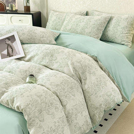 灰鲸2025新款A类全棉三层纱色织提花系列四件套 蝶飞-绿