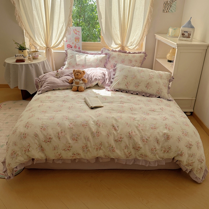 91家纺网 家纺一手货源 找家纺 韩巢家纺 2025新款针织双层纱花边款被套直播热销款四件套学生宿舍床单三件套-（提供卖家秀）悠然绿