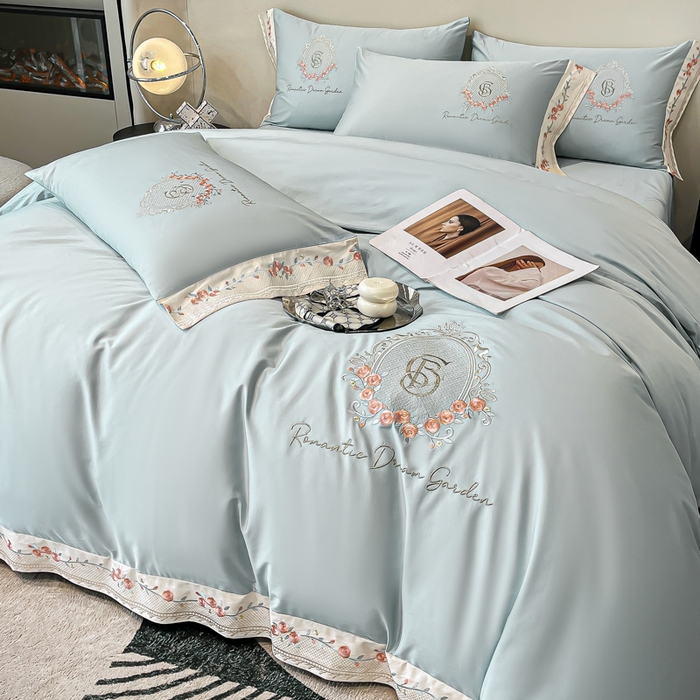 91家纺网 家纺一手货源 找家纺 桃园 2025新款纯棉全棉长绒棉刺绣绣花四件套（高端礼盒）-叶语 叶语-飘蓝