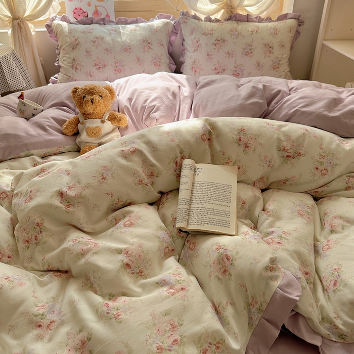 91家纺网 家纺一手货源 找家纺 韩巢家纺 2025新款针织双层纱花边款被套直播热销款四件套学生宿舍床单三件套-（提供卖家秀）悠然绿