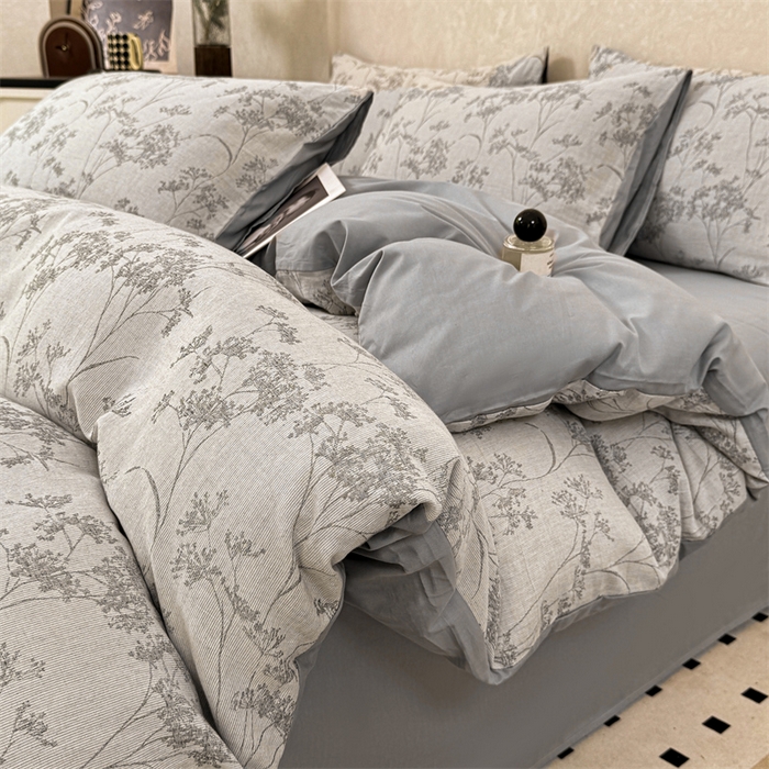 91家纺网 家纺一手货源 找家纺 灰鲸2025新款A类全棉三层纱色织提花系列四件套 初春-灰