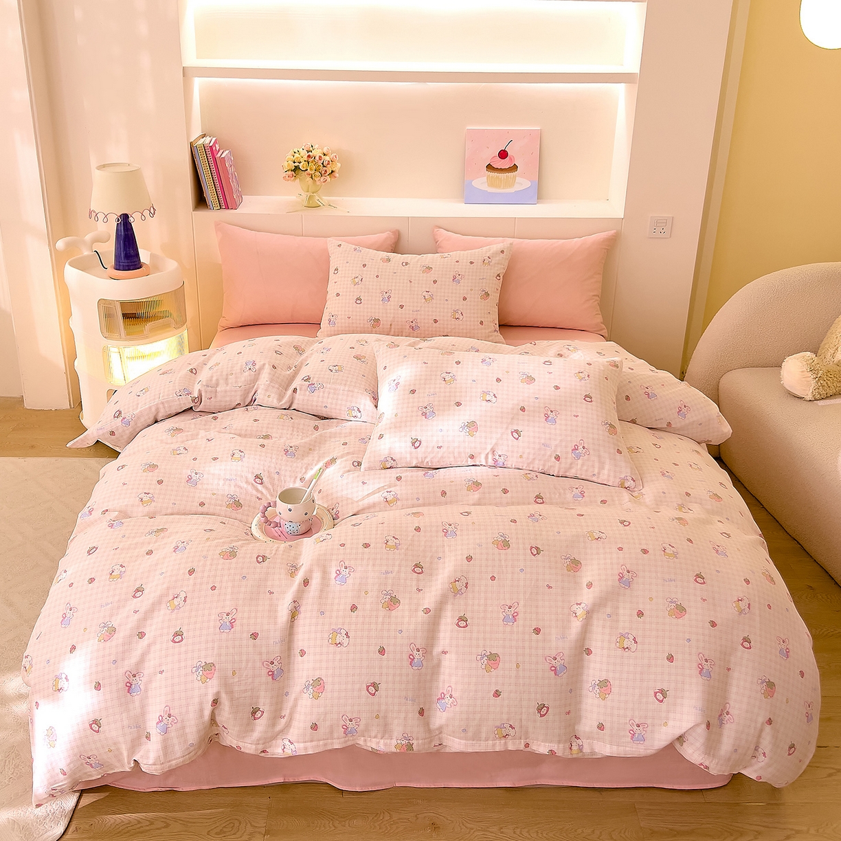 91家纺网 家纺一手货源 找家纺 DoDo 兜兜 2025新款全棉纯棉小温暖双层纱四件套【可定做尺寸】 格子兔