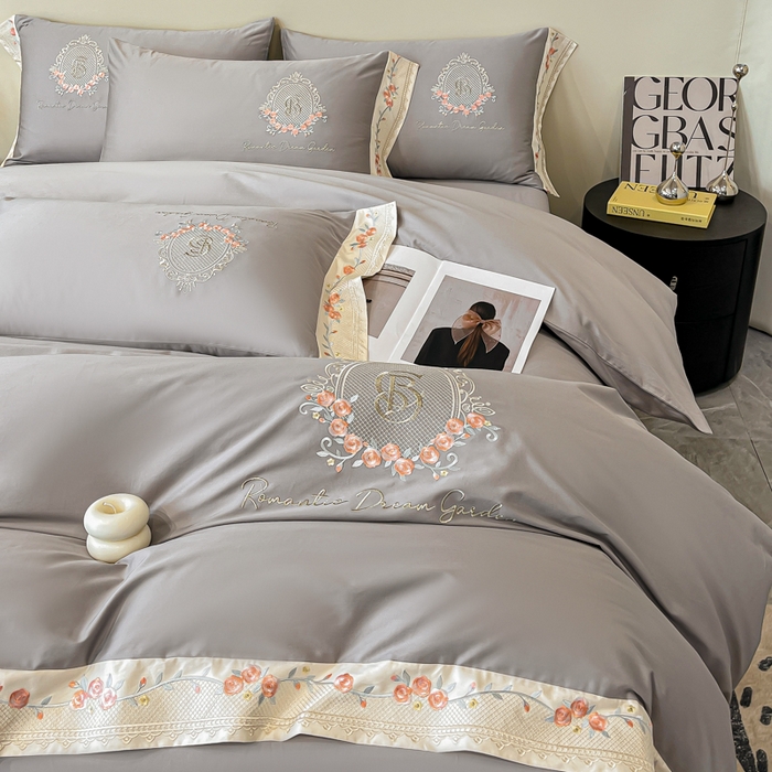 91家纺网 家纺一手货源 找家纺 桃园 2025新款纯棉全棉长绒棉刺绣绣花四件套（高端礼盒）-叶语 叶语-绅士灰