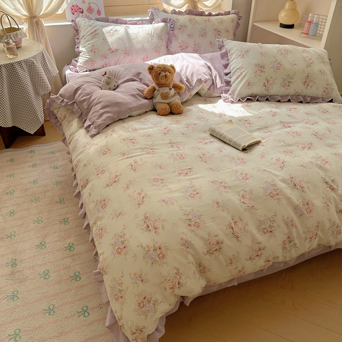 91家纺网 家纺一手货源 找家纺 韩巢家纺 2025新款针织双层纱花边款被套直播热销款四件套学生宿舍床单三件套-（提供卖家秀）悠然绿