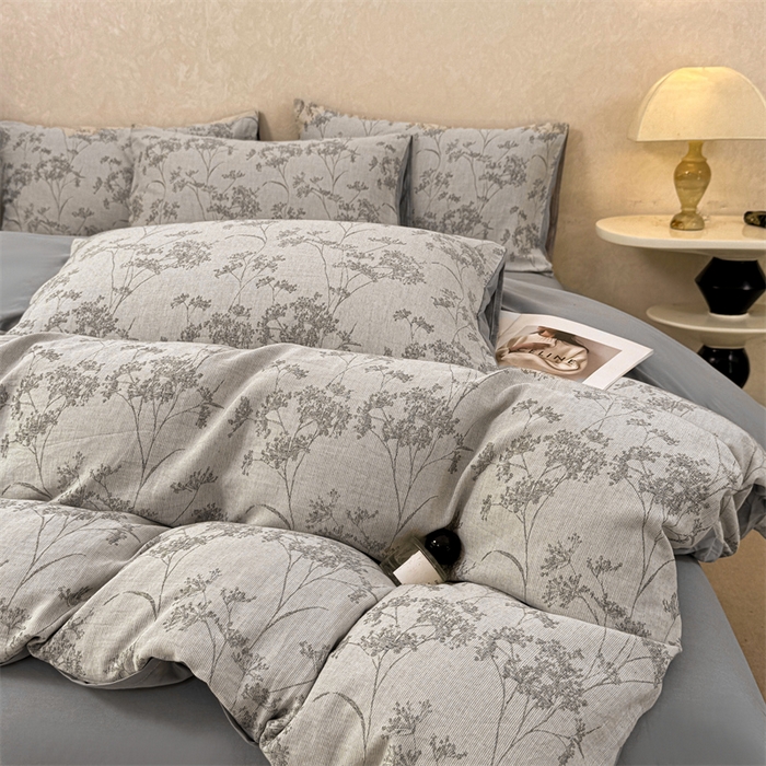 91家纺网 家纺一手货源 找家纺 灰鲸2025新款A类全棉三层纱色织提花系列四件套 初春-灰