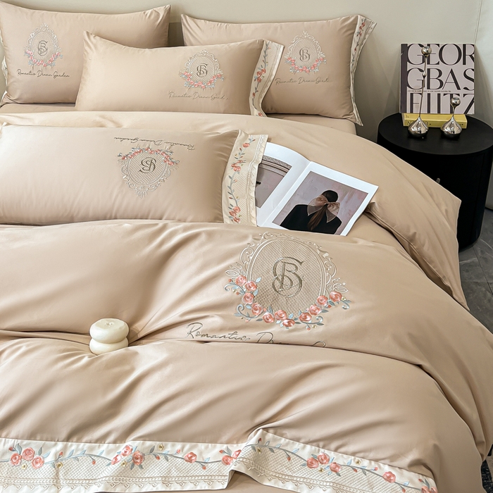 91家纺网 家纺一手货源 找家纺 桃园 2025新款纯棉全棉长绒棉刺绣绣花四件套（高端礼盒）-叶语 叶语-香槟金