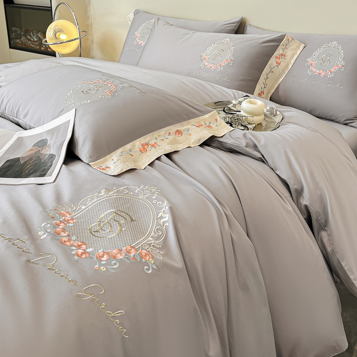 91家纺网 家纺一手货源 找家纺 桃园 2025新款纯棉全棉长绒棉刺绣绣花四件套（高端礼盒）-叶语 叶语-绅士灰