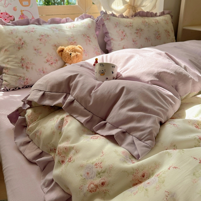 91家纺网 家纺一手货源 找家纺 韩巢家纺 2025新款针织双层纱花边款被套直播热销款四件套学生宿舍床单三件套-（提供卖家秀）悠然绿