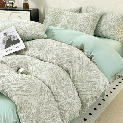 91家纺网 家纺一手货源 找家纺 灰鲸2025新款A类全棉三层纱色织提花系列四件套 本色-绿