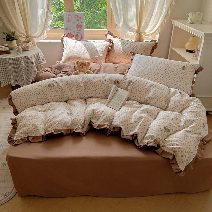 91家纺网 家纺一手货源 找家纺 韩巢家纺 2025新款针织双层纱花边款被套直播热销款四件套学生宿舍床单三件套-（提供卖家秀）四叶草