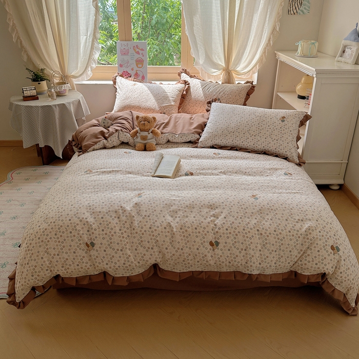 91家纺网 家纺一手货源 找家纺 韩巢家纺 2025新款针织双层纱花边款被套直播热销款四件套学生宿舍床单三件套-（提供卖家秀）四叶草