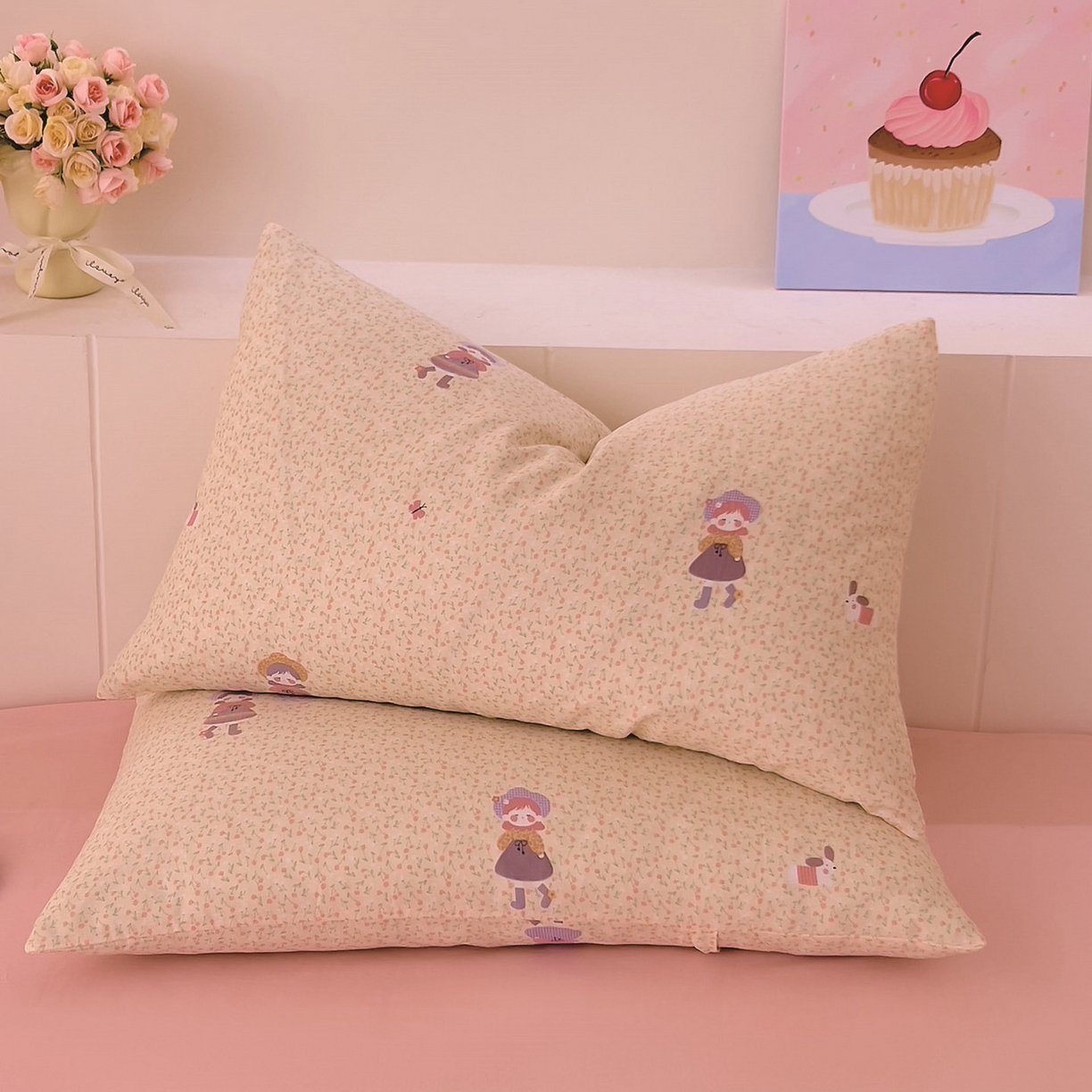 91家纺网 家纺一手货源 找家纺 DoDo 兜兜 2025新款全棉纯棉小温暖双层纱系列单枕套【可定做尺寸】 春日女孩