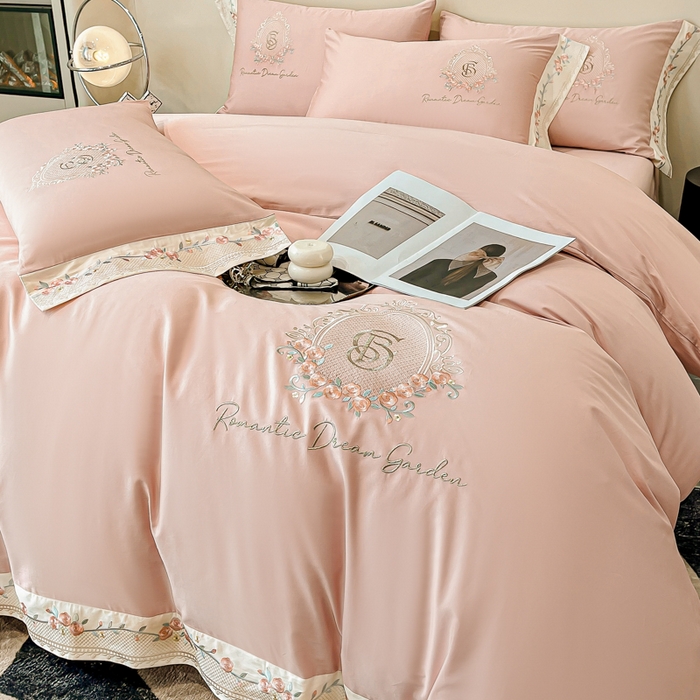 91家纺网 家纺一手货源 找家纺 桃园 2025新款纯棉全棉长绒棉刺绣绣花四件套（高端礼盒）-叶语 叶语-轻奢粉