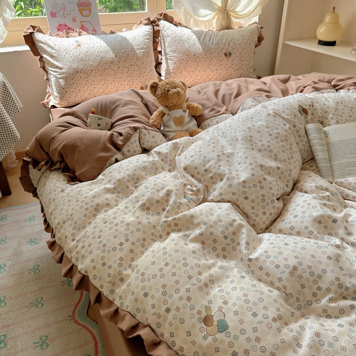 91家纺网 家纺一手货源 找家纺 韩巢家纺 2025新款针织双层纱花边款被套直播热销款四件套学生宿舍床单三件套-（提供卖家秀）四叶草