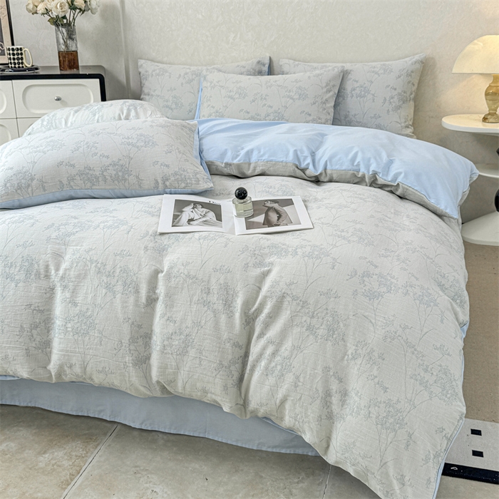 91家纺网 家纺一手货源 找家纺 灰鲸2025新款A类全棉三层纱色织提花系列四件套 初春-蓝