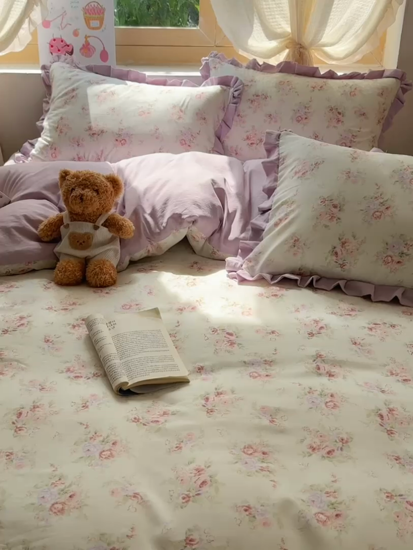 91家纺网 家纺一手货源 找家纺 韩巢家纺 2025新款针织双层纱花边款被套直播热销款四件套学生宿舍床单三件套-（提供卖家秀）悠然绿