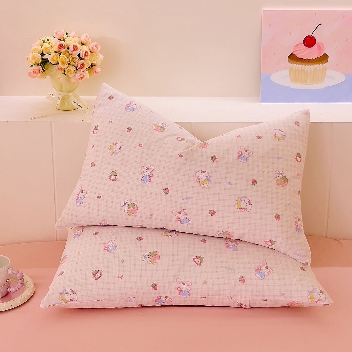 91家纺网 家纺一手货源 找家纺 DoDo 兜兜 2025新款全棉纯棉小温暖双层纱四件套【可定做尺寸】 格子兔