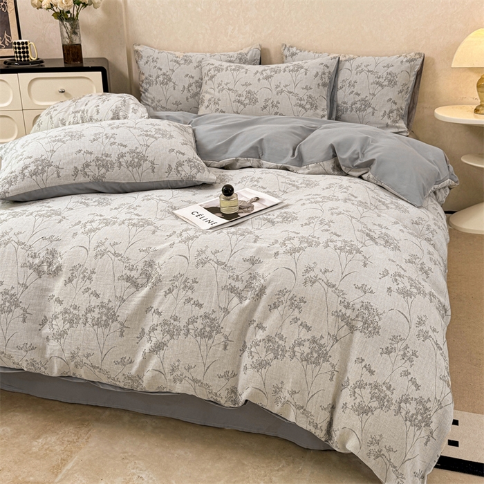 91家纺网 家纺一手货源 找家纺 灰鲸2025新款A类全棉三层纱色织提花系列四件套 初春-灰