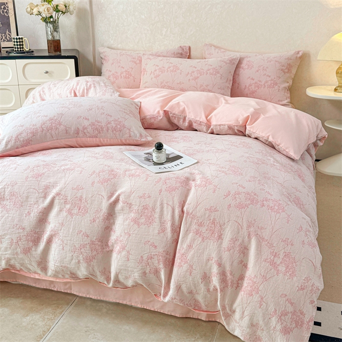91家纺网 家纺一手货源 找家纺 灰鲸2025新款A类全棉三层纱色织提花系列四件套 初春-粉