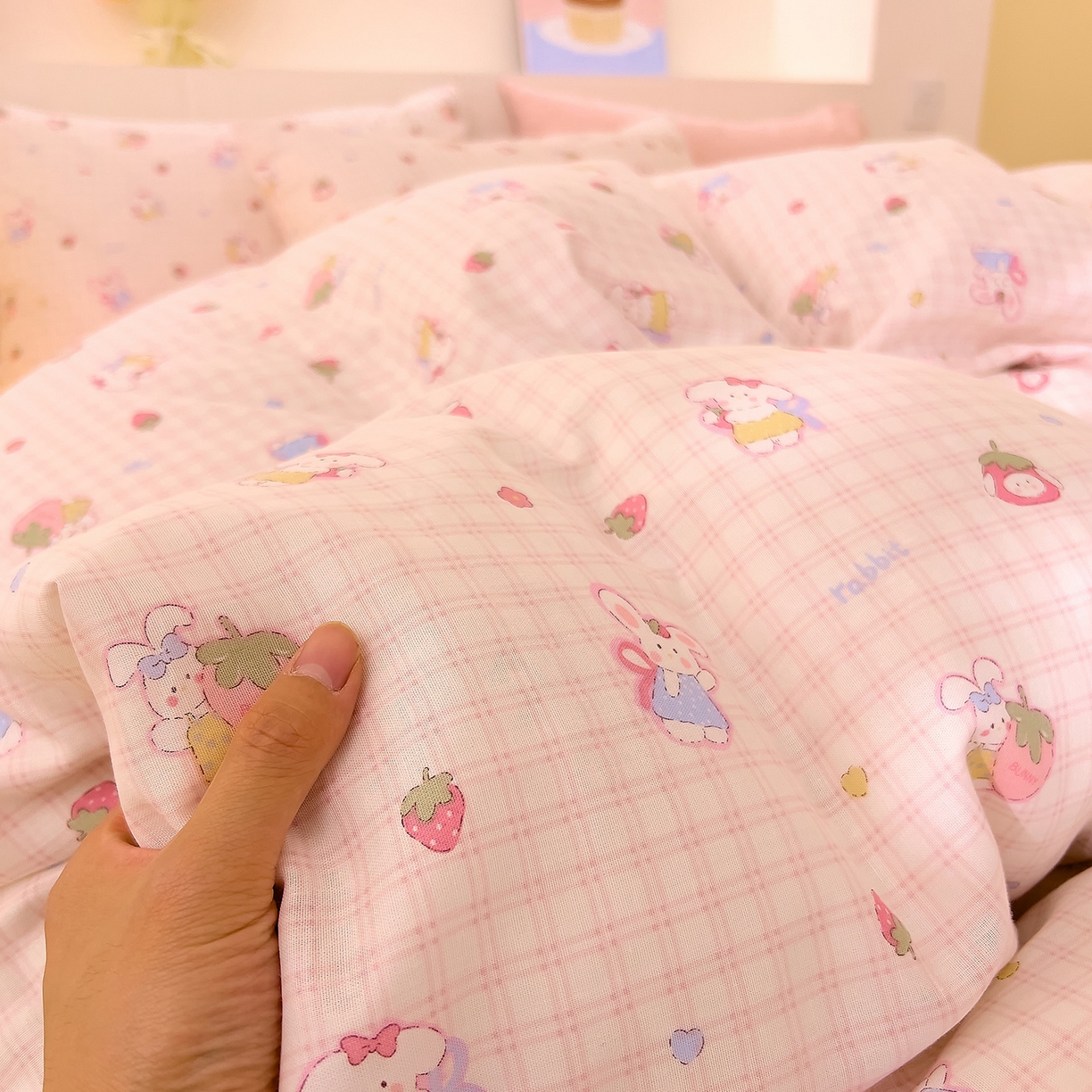 91家纺网 家纺一手货源 找家纺 DoDo 兜兜 2025新款全棉纯棉小温暖双层纱四件套【可定做尺寸】 格子兔