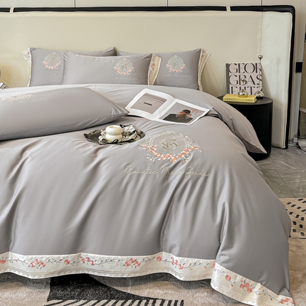 桃园 2025新款纯棉全棉长绒棉刺绣绣花四件套（高端礼盒）-叶语 叶语-绅士灰