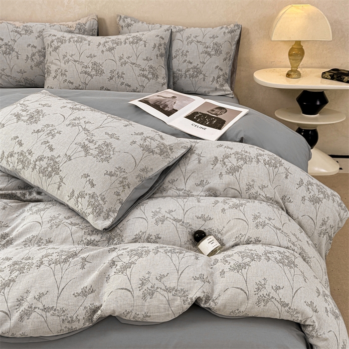 91家纺网 家纺一手货源 找家纺 灰鲸2025新款A类全棉三层纱色织提花系列四件套 初春-灰