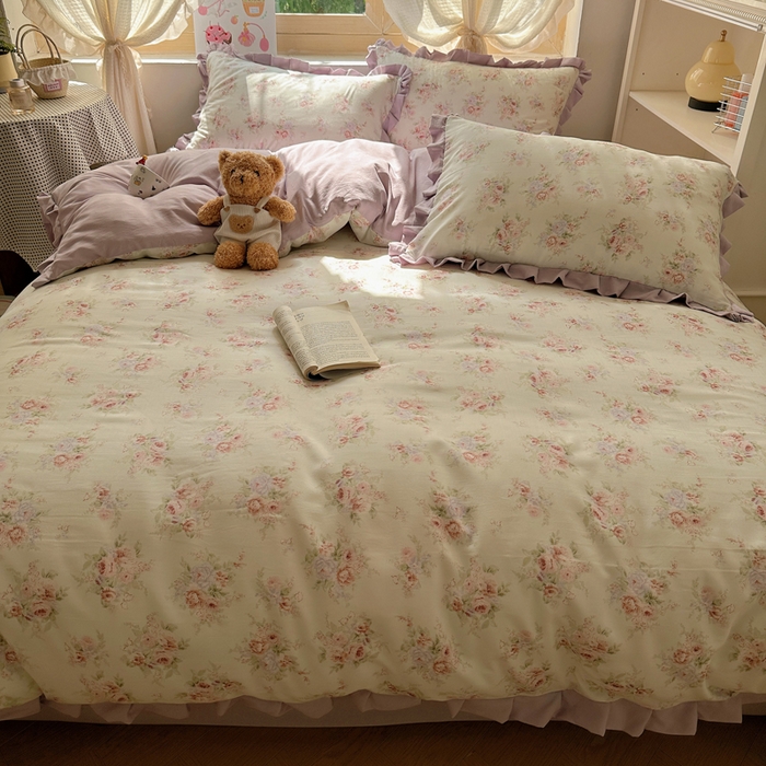 91家纺网 家纺一手货源 找家纺 韩巢家纺 2025新款针织双层纱花边款被套直播热销款四件套学生宿舍床单三件套-（提供卖家秀）悠然绿