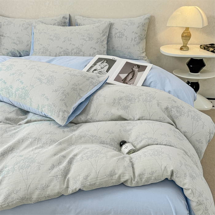 91家纺网 家纺一手货源 找家纺 灰鲸2025新款A类全棉三层纱色织提花系列四件套 初春-蓝