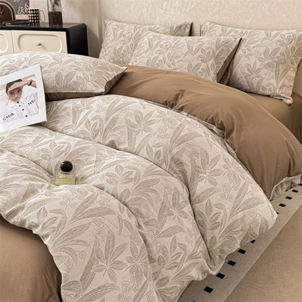 灰鲸2025新款A类全棉三层纱色织提花系列四件套 叶语-咖