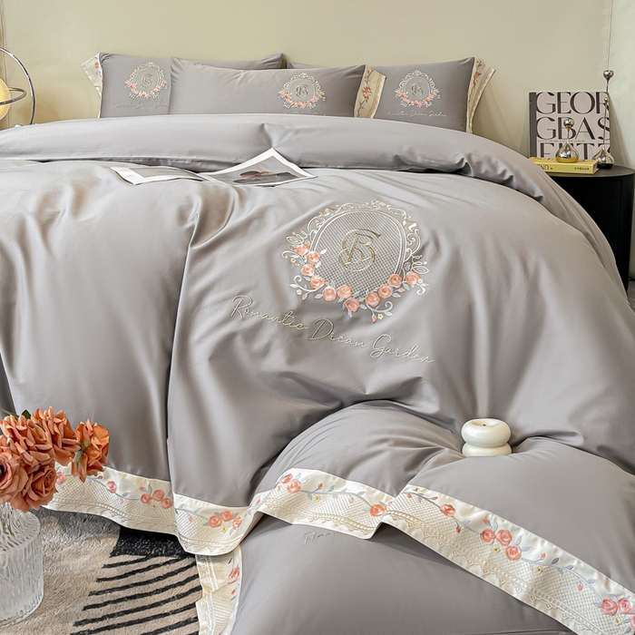 91家纺网 家纺一手货源 找家纺 桃园 2025新款纯棉全棉长绒棉刺绣绣花四件套（高端礼盒）-叶语 叶语-绅士灰