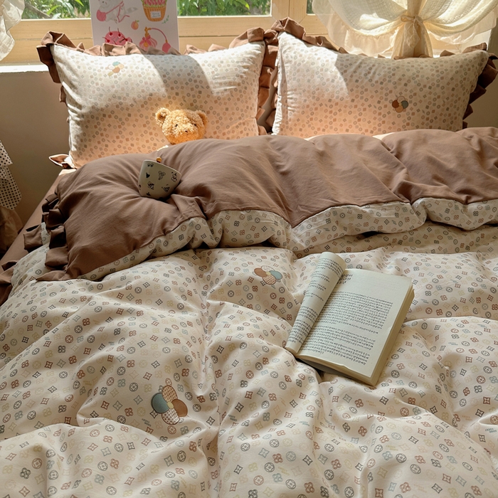 91家纺网 家纺一手货源 找家纺 韩巢家纺 2025新款针织双层纱花边款被套直播热销款四件套学生宿舍床单三件套-（提供卖家秀）四叶草