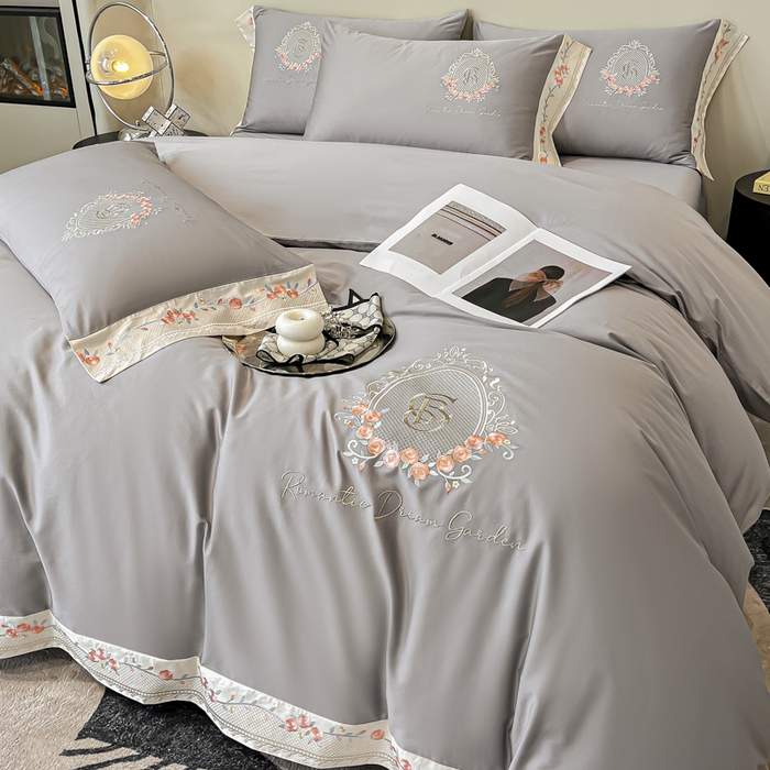 91家纺网 家纺一手货源 找家纺 桃园 2025新款纯棉全棉长绒棉刺绣绣花四件套（高端礼盒）-叶语 叶语-绅士灰
