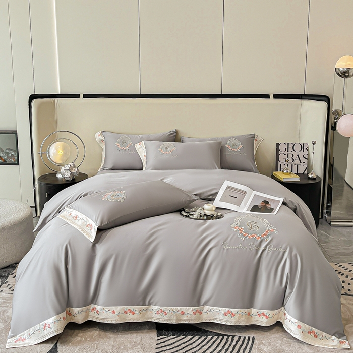 91家纺网 家纺一手货源 找家纺 桃园 2025新款纯棉全棉长绒棉刺绣绣花四件套（高端礼盒）-叶语 叶语-绅士灰