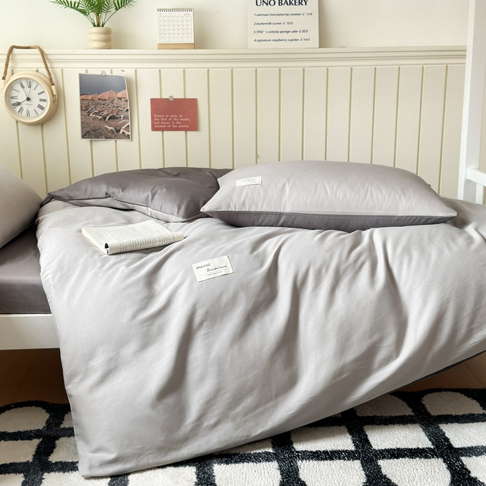 91家纺网 家纺一手货源 找家纺 曼之夏 2025新款全棉拼色纯色宿舍学生三件套 米灰+高级灰